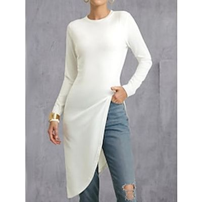 Women's Shirt Tunic Blouse 100% Cotton Plain Casual White Asymmetric Long Sleeve Fashion Basic Modern Round Neck Regular Fit Spring Lightinthebox
