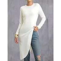 Women's Shirt Tunic Blouse 100% Cotton Plain Casual White Asymmetric Long Sleeve Fashion Basic Modern Round Neck Regular Fit Spring Lightinthebox - thumbnail