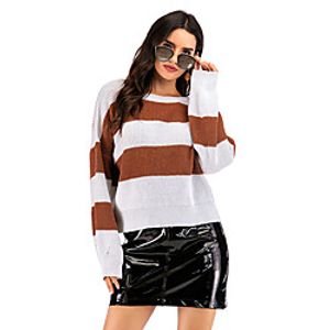 Women's Basic Knitted Striped Color Block Pullover Long Sleeve Sweater Cardigans Crew Neck Round Neck Fall Winter White miniinthebox