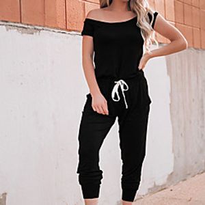 Women's Casual Holiday Casual Daily Street Vacation Going out One Shoulder Off Shoulder Green Blue Black Jumpsuit Solid Color Lace up Lightinthebox