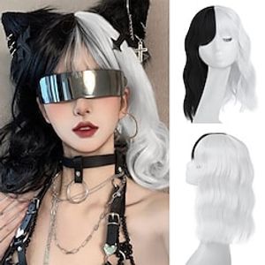 Short Black and White Cosplay Wig With Bangs Heat Resistant Hair for Party Halloween Costume Wigs 12 inch Two Tone Half Black Half White miniinthebox