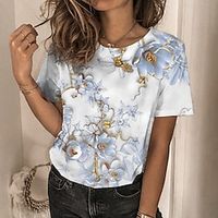 Women's T shirt Tee Floral Casual Holiday Weekend Floral Painting T shirt Tee Short Sleeve Print Round Neck Basic Essential Blue Pink Gold S / 3D Print miniinthebox - thumbnail