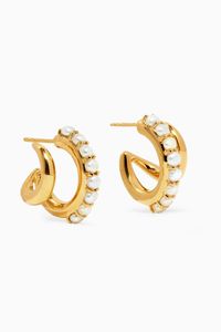 Claw Studded Pearl Double Hoop Earrings in 18kt Gold Plating