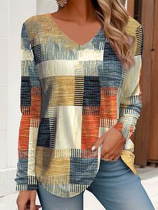 Women's Retro Geometric Color Block Print V-neck Long-sleeved T-shirt