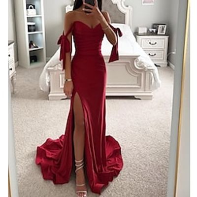 Mermaid  Trumpet Prom Dresses Corsets Dress Formal Evening Party Court Train Sleeveless Off Shoulder Satin with Bow(s) Ruched Slit 2023 Lightinthebox