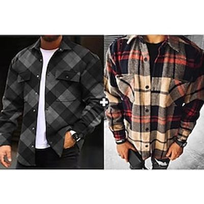 Men's As Picture Overshirt Sets Long Sleeve Lapel Outdoor Going out Plaid Basic Polyester Spring   Fall Lightinthebox