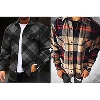 Men's As Picture Overshirt Sets Long Sleeve Lapel Outdoor Going out Plaid Basic Polyester Spring   Fall Lightinthebox - thumbnail