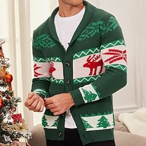 Elk Snowflake Retro Vintage Men's Button Knitting Print Ugly Christmas Sweater Cardigan Sweater Knitwear Outdoor Daily Vacation Christmas Long Sleeve V Neck Sweaters Dark Green Green Fall Winter S M L Lightinthebox