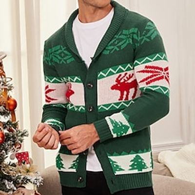 Elk Snowflake Retro Vintage Men's Button Knitting Print Ugly Christmas Sweater Cardigan Sweater Knitwear Outdoor Daily Vacation Christmas Long Sleeve V Neck Sweaters Dark Green Green Fall Winter S M L Lightinthebox