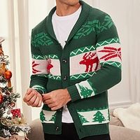 Elk Snowflake Retro Vintage Men's Button Knitting Print Ugly Christmas Sweater Cardigan Sweater Knitwear Outdoor Daily Vacation Christmas Long Sleeve V Neck Sweaters Dark Green Green Fall Winter S M L Lightinthebox - thumbnail