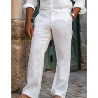 Men's Linen Pants Trousers Summer Pants Straight Leg Plain Comfort Breathable Full Length Casual Daily Holiday Fashion Streetwear White Navy Blue Lightinthebox