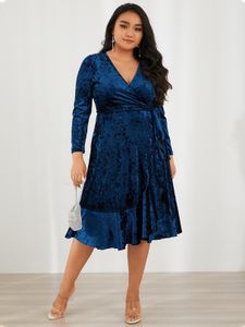 YOINS Plus Size Deep V Neck Wrap Design Tie-up Design Long Sleeves Midi Dress