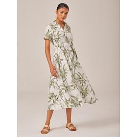 Palm Print Linen Look Button Down Midi Shirt Dress