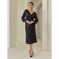 Satin Elegant V Neck Blouse Sequined Black Skirt Two Piece Set - thumbnail