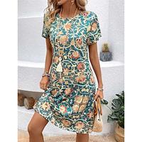 Women's Casual Dress T Shirt Dress Tee Dress Floral Print Crew Neck Midi Dress Streetwear Holiday Date Short Sleeve Loose Fit Royal Blue Blue Summer S M L XL XXL Lightinthebox