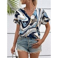 Women's T shirt Tee Graphic Abstract Daily Weekend Blue Print Short Sleeve Fashion V Neck Regular Fit Summer Lightinthebox