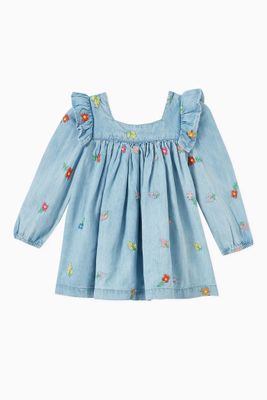 Embroidered Flowers Denim Dress with Bloomers