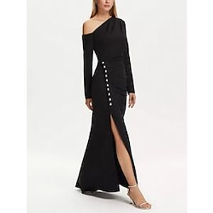 A-Line Evening Gown Elegant Dress Formal Black Dress Floor Length Long Sleeve Off Shoulder Stretch Fabric with Buttons Slit 2023 Lightinthebox