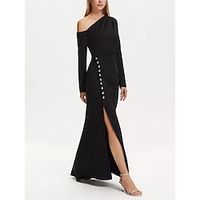 A-Line Evening Gown Elegant Dress Formal Black Dress Floor Length Long Sleeve Off Shoulder Stretch Fabric with Buttons Slit 2023 Lightinthebox - thumbnail