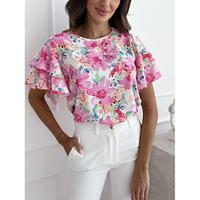 Blouse Women's Pink Blue Flower / Plants Print Daily Elegant Round Neck Regular Fit S Lightinthebox