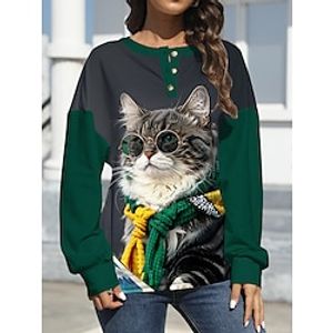 Women's Sweatshirt Pullover Animal Cat Active Fashion Print Button Wine Red Green Casual Going out Round Neck Long Sleeve Micro-elastic Spring Lightinthebox