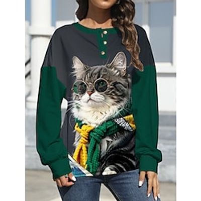 Women's Sweatshirt Pullover Animal Cat Active Fashion Print Button Wine Red Green Casual Going out Round Neck Long Sleeve Micro-elastic Spring Lightinthebox