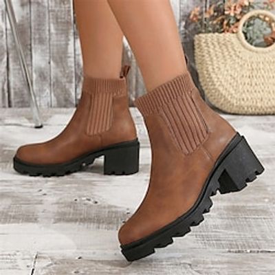 Women's Boots Chelsea Boots Plus Size Outdoor Daily Mid Calf Boots Chunky Heel Round Toe Casual Minimalism PU Elastic Band Solid Color Brown Lightinthebox