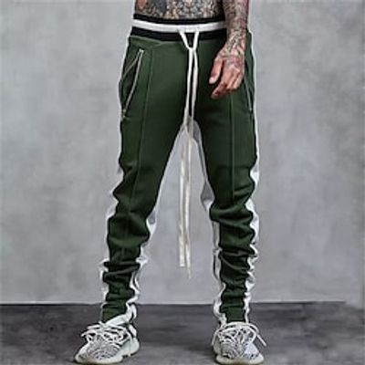 Men's Straight Sweatpants Trousers Pants Drawstring Elastic Waist Color Block Comfort Breathable Casual Daily Cotton Blend Sports Fashion ArmyGreen Micro-elastic  Elasticity Lightinthebox
