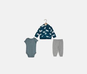 Toddler Boys 3-Pieces Outfit Blue Polar Bear Hoodie Bodysuit & Pants Set  Turquoise/Grey
