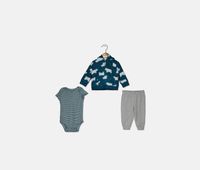 Toddler Boys 3-Pieces Outfit Blue Polar Bear Hoodie Bodysuit & Pants Set  Turquoise/Grey - thumbnail