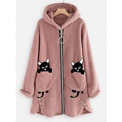 Women's Fleece Jacket Sherpa Fleece Teddy Pocket Zip Up Pink Cat Street Hoodie Long Sleeve Fleece S M L XL 2XL Lightinthebox