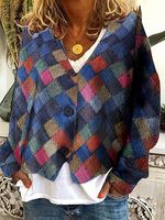 Women's Retro Color Plaid Contrast Print V-Neck Knitted Cardigan