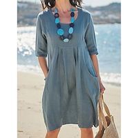 Women's Cotton Linen Dress Casual Dress Midi Dress Cotton And Linen Fashion Modern Daily Vacation Crew Neck Ruched Pleated Half Sleeve Spring Summer 2023 Regular Fit Gray Pure Color S M L XL 2XL Lightinthebox - thumbnail