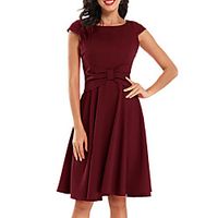 Women's A Line Dress Knee Length Dress Wine Navy Blue Sleeveless Solid Color Ruched Bow Fall Summer Round Neck Work Elegant Casual 2021 S M L XL XXL miniinthebox - thumbnail