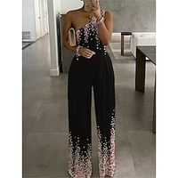 Women's Jumpsuit Backless High Waist Floral One Shoulder Streetwear Office Street Regular Fit Sleeveless Black White Yellow S M L Summer miniinthebox - thumbnail