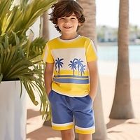 2 Pieces Kids Boys T-shirt  Shorts T-shirtSet Clothing Set Outfit Graphic Coconut Tree Short Sleeve Crewneck Set Outdoor 3D prints Sports Daily Casual Summer Spring 3-13 Years Yellow Orange Green miniinthebox - thumbnail