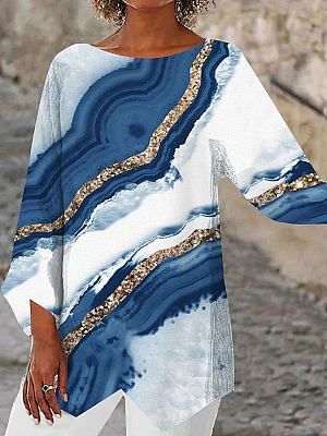 Round Neck Casual Loose Bronzing Marble Print Long-sleeved Blouse