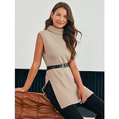 Turtleneck Knitted Long Vest with Slits Lightinthebox