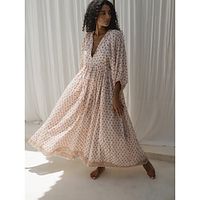 Women's Casual Dress Swing Dress A Line Dress Floral Print V Neck Midi Dress Active Fashion Outdoor Daily 34 Length Sleeve Regular Fit Beige Fall S M L XL XXL Lightinthebox - thumbnail