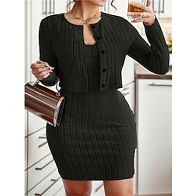 Women's Black Dress Two Piece Dress Set Sweater Dress Casual Dress Outdoor Home Streetwear Casual Button Mini Dress Crew Neck Long Sleeve Plain Regular Fit Black Brown Lightinthebox Women's Black Dress Two Piece Dress Set Sweater Dress Casual Dress Outdoor Home Streetwear Casual Button Mini Dress Crew Neck Long Sleeve Plain Regular Fit Black Brown Lightinthebox