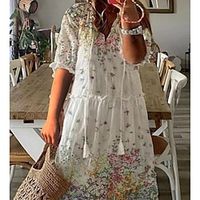 Women's Plus Size A Line Dress Floral V Neck Half Sleeve Spring Fall Vintage Casual Maxi long Dress Holiday Date Dress Lightinthebox - thumbnail