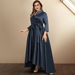 A-Line Plus Size Curve Mother of the Bride Dresses High Low Dress Formal Asymmetrical 34 Length Sleeve Shirt Collar Satin with Bow(s) Pleats 2022 Lightinthebox