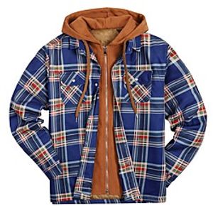 Men's Parka Jacket Street Daily Going out Fall Winter Regular Coat Regular Fit Warm Breathable Sporty Casual Jacket Long Sleeve Plaid  Check Full Zip Pocket Navy Blue  Print Lightinthebox