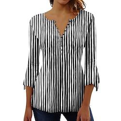 Women's Shirt Blouse Striped Daily Button Print Black 3/4 Length Sleeve Casual V Neck Spring Summer Lightinthebox