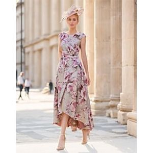 A-Line Mother of the Bride Dress Wedding Guest Elegant Vintage V Neck Ankle Length Satin Polyester Short Sleeve with Bow(s) Flower 2024 Lightinthebox