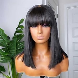 Remy Human Hair Wig Straight With Bangs Natural Black Capless Brazilian Hair Women's Natural Black #1B 8 inch 10 inch 12 inch Party  Evening Daily Wear Vacation Lightinthebox