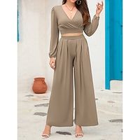 Women's Crop Top Pants Sets Black Blue Khaki Solid Color Long Sleeve Casual Daily Fashion V Neck Regular Fit Spring   Fall Lightinthebox - thumbnail