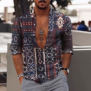 Men's Shirt Tribal Collar Gray Outdoor Street Long Sleeve Button-Down Print Clothing Apparel Fashion Casual Breathable Comfortable / Winter / Fall / Winter miniinthebox