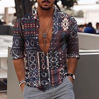 Men's Shirt Tribal Collar Gray Outdoor Street Long Sleeve Button-Down Print Clothing Apparel Fashion Casual Breathable Comfortable / Winter / Fall / Winter miniinthebox - thumbnail