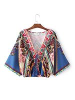 Folk Print Tassels Half Sleeve V-neck Women Blouse